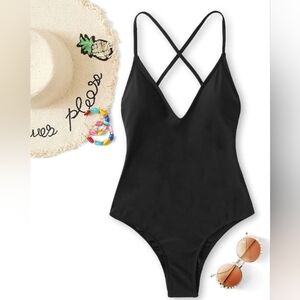 NWOT Women's Black one piece swimsuit, strappy back
